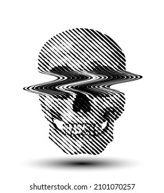 Glitched white line halftone skull from 3D black and white rendering. Vector illustration isolated on white background.