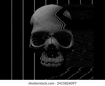 Cráneo de la Línea Blanca. Cráneo blanco y negro con imagen vectorial de efecto de brillo VHS de Escanline. Símbolo de cráneo humano aislado en fondo negro.
