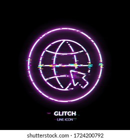 Mundo glitched con icono del vector de arte de la línea de cursor del ratón. Símbolo de esquema del navegador de Internet. Pictograma de red hecho de ligereza. Aislado en segundo plano. Estilo ciberpunk de los años 80