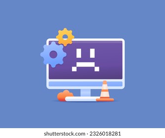 Glitches and errors in the system. technical problems. The computer is crashed. Damage and problems with hardware or software. Computer monitor with a sad face screen display. illustration concept