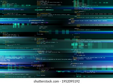 Glitching Computer Screen, Glitch Programming Code. Virtual Environment, Programm Function Failure And Data Loss, Critical Code Mistake, Hacker Attack Or Hardware Malfunction Concept Vector Background