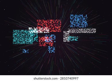 Glitching digital cross with pixelated color explosions in deep space pixelglitch digitalart