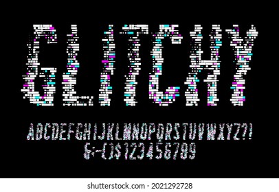 Glitchy alphabet font. Digital letters and numbers. Stock vector illustration.
