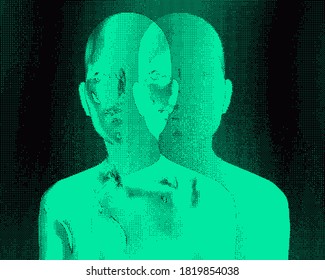 Glitchy bifurcated human silhouette made of pixels. Conceptual illustration of Cyber and Internet Security, Anonymous hacker.