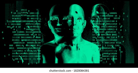 Glitchy bifurcated human silhouette made of pixels. Conceptual illustration of Cyber and Internet Security, Anonymous hacker.