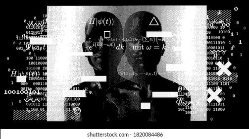 Glitchy bifurcated human silhouette made of pixels. Conceptual illustration of Cyber and Internet Security, Anonymous hacker.