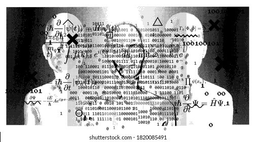 Glitchy bifurcated human silhouette made of pixels. Conceptual illustration of Cyber and Internet Security, Anonymous hacker.