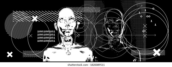 Glitchy bifurcated human silhouette made of pixels. Conceptual illustration of Cyber and Internet Security, Anonymous hacker.