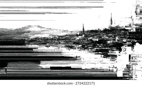 Glitzerne verzerrte Stadtlandschaft mit Berg und Steppen im Hintergrund mit weißem Himmel und Wasser
