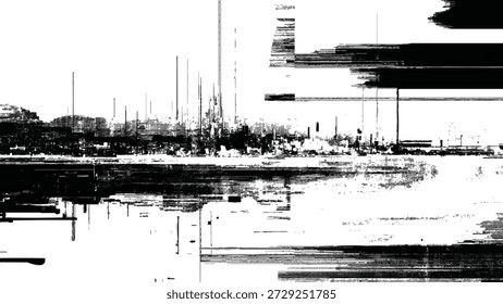 Glitchy distorted cityscape with water reflection chaos abstract urban landscape