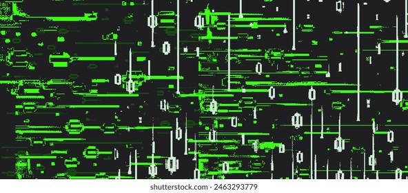 Glitchy and distorted collapsing green binary code on a dark background. Vector illustration in pixel art style.