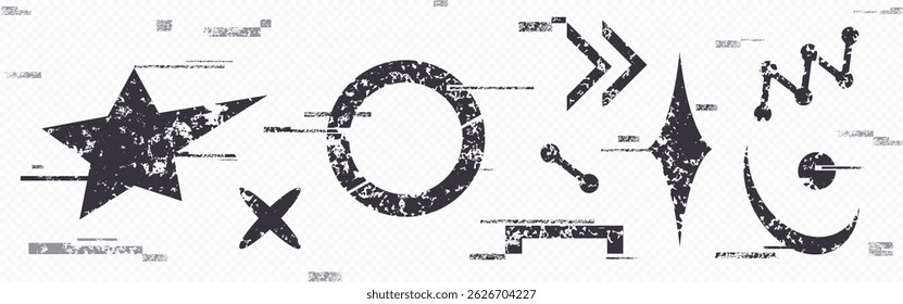 Formas distorcidas cintilantes definidas - estrela preta grunge, círculo e formas geométricas simples com textura de ruído de pixel digital, sinais danificados antigos. Elementos de design arranhados com interferência de sinal estático da tv.