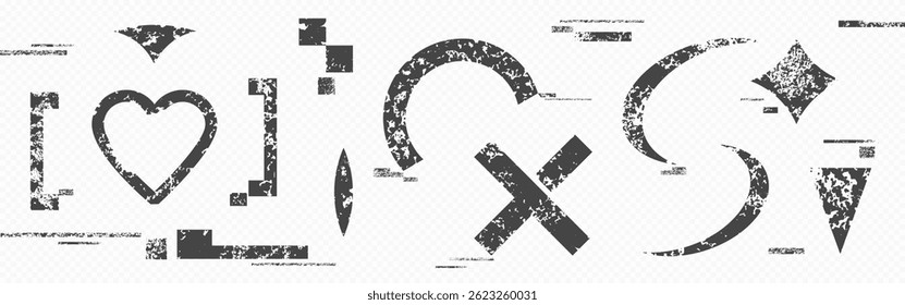 Glitchy distorted symbols set - heart, cross and abstract shapes with digital pixel noise texture, old damaged signs. Grunge design elements with tv interference, data loss and vhs artifact fx.