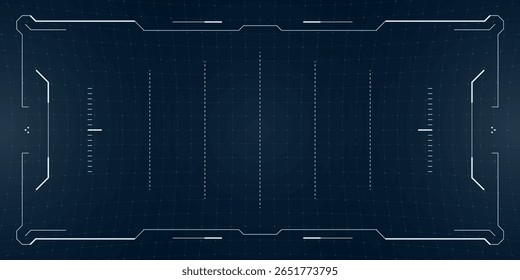 Glitchy futuristic HUD with radar targets and cyberpunk UI in bright blue. Tactical interface simulates distorted VR drone footage over a sci fi grid background.