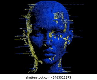 Glitchy pixelated blue 3D human face silhouette on dark background. Conceptual vector illustration of personality and facial recognition systems.