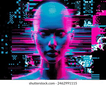 Glitchy pixelated blue and pink 3D human face silhouette on dark background. Conceptual vector illustration of artificial intelligence or personality and facial recognition systems.