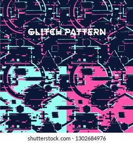 Glitchy seamless pattern. Abstract texture with glitch effect. Surface with destortion effect. Geometric cyberpunk background with dynamic broken shapes.