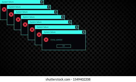 Glitchy system fail error message. Neon UI of an alert popup.
