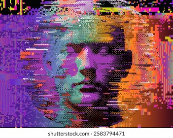 Glitchy vector illustration of a human face, fragmented with vibrant hues of purple, orange, and green.  Pixelated distortions and digital noise create a futuristic, cyberpunk-inspired aesthetic.