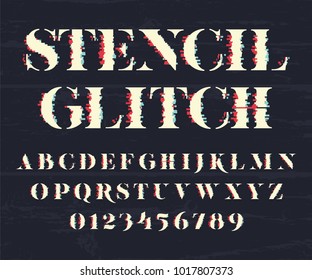 Alfabeto brillante. Glitch font y glitch number. El tipo de letra brillante sobre fondo negro.