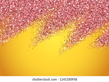 Glitter abstract background with pink confetti and shiny sparkles over golden background
