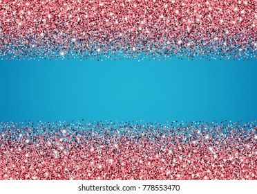 Glitter abstract background with pink confetti and shiny sparkles over blue background