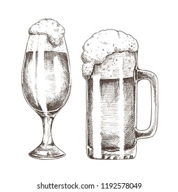 Glitter ale goblets and foamy beer graphic art, vector illustration of glassy utensil isolated on white background, frothy alcohol drinks in glasses