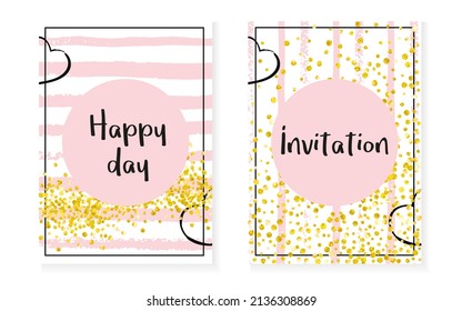 Glitter Backdrop. Golden Nursery Concept. New Year Brochure Set. White Card. Pink Abstract Paint. Rose Carnival Particle. Stripe Fashion Effect. Stripe Glitter Backdrop