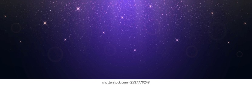 Glitter background. Congratulation template with soft lights and particles. Purple rays and stars. Luxury glowing effect for greeting card or banner. Vector illustration.