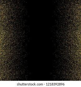 Glitter background with glowing lights. Golden sparks on a black backdrop. Bright glitter decorating festive greeting cards. Celebration design. Vector illustration.