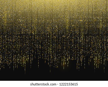 Glitter background. Gold garlands falling down. Christmas background. Golden sparks on a black backdrop. Luxury celebrations template. Gold vertical lines. Vector illustration.