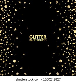Glitter background. Gold sparkle on a black backdrop. Bright Christmas design. Falling glitter confetti. Sparkling festive frame. Vector illustration.