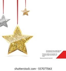 Glitter background with ilver and gold hanging stars. Merry Christmas and Happy New Year background. Template for vip banners or card, exclusive certificate, luxury voucher