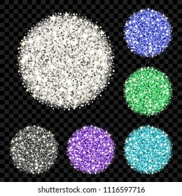 Glitter background set. Sparkle vector circles of different colors for your text on black backdrop. Template for your design of card, gift, vip, voucher, certificate, party invitation.