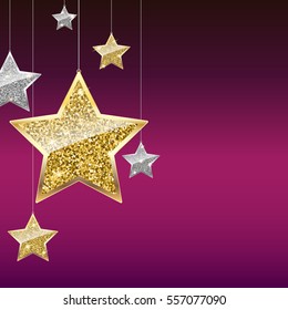 Glitter background with silver and gold hanging stars. Merry Christmas, Happy New Year greeting card on color background. Template for vip banners or card, exclusive certificate, luxury voucher