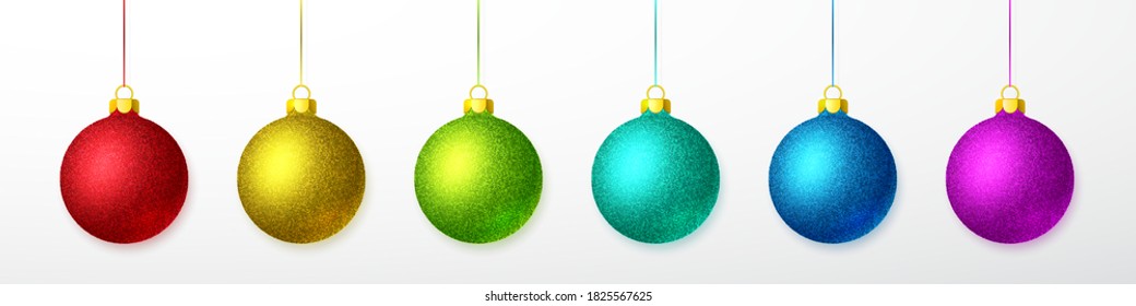 Glitter blue, green, yellow and red Christmas ball. Xmas glass ball on white background. Holiday decoration template. Vector illustration.