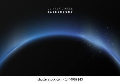 Glitter blue neon circle ring frame & sparkle flash light star shimmer vector on black background, shiny glowing metal blued steel round line planet curve, futuristic web poster card print template