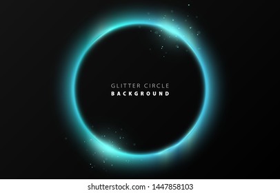 Glitter blue neon circle ring frame & sparkle flash light star shimmer vector on black background, shiny glowing tiffany blue metal round line planet curve, futuristic web, poster, card print template