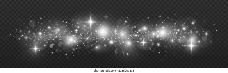 Glitter bokeh effect with bright particles. Silver light background. Glowing dust twinkle on transparent background. 