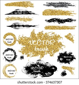 Glitter brush collection. Set of different golden line brushes. Good for wedding, birthday party, fashion, rich, luxury design. Vector