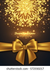 Glitter card design for greeting or invitation. Realistic golden bow, decorative mandala with glowing lights. Vector illustration.