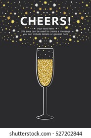 Glitter champagne card with space for text. Vector illustration.