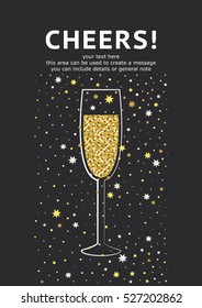 Glitter champagne card with space for text. Vector illustration.