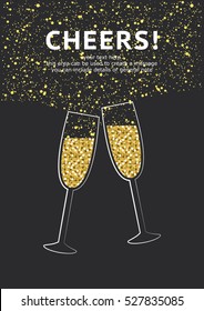 Glitter champagne card with space for text. Vector illustration.