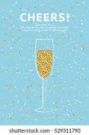 Glitter champagne card with space for text. Vector illustration.