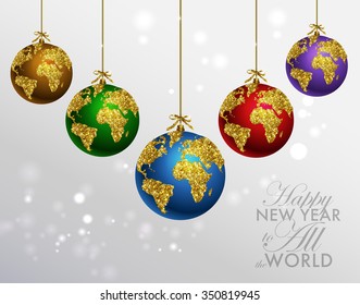 Balón de Navidad deslumbrante con mapa del mundo. Tarjeta de felicitación con tipografía y mundo del oro. Feliz concepto de Navidad. Fondo con elementos caligráficos dorados