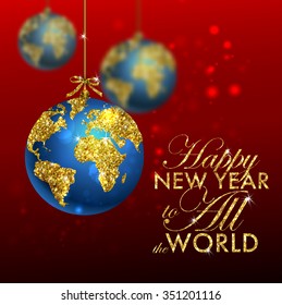 Glitter christmas ball with world map. Greeting Card with typography and gold world globe. Merry Christmas concept. Background with golden calligraphic elements