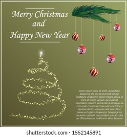 Glitter Christmas tree and christmas balls, New Year decorations. Celebrate the holiday, illustration for postcards, banner. On the spruce branch are Christmas balls.