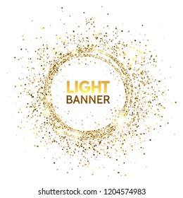 Glitter circle. Festive gold sparkle background. Glittering circle frame. Star dust. Light design for christmas and birthday cards, wedding invitations, posters, web banners. Vector illustration.