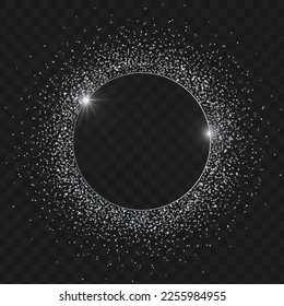Glitter circle frame. Silver round shiny frame with glittering particles. Vector illustration, black background
